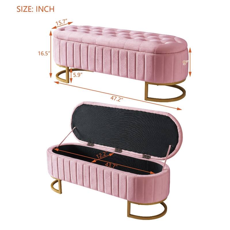 Velvet Upholstered Storage Bench, Button Tufted Storage Ottoman Bench with Metal Legs for Bedroom End of Bed, Living Room