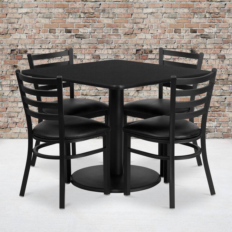 36'' Square Laminate Table Set with Round Base and 4 Ladder Back Metal Chairs