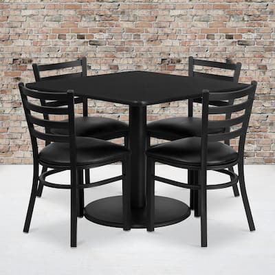 36'' Square Laminate Table Set with Round Base and 4 Ladder Back Metal Chairs