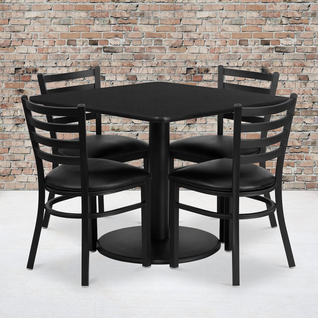 36'' Square Laminate Table Set with Round Base and 4 Ladder Back Metal Chairs
