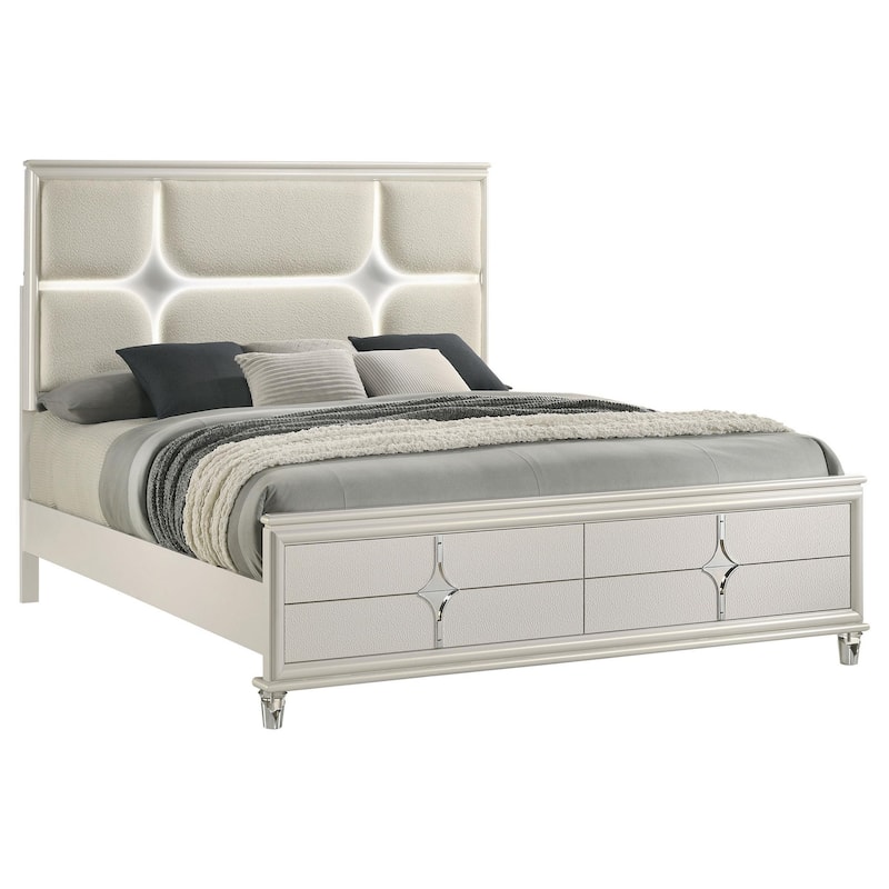 Ory Queen Size Bed, Ivory Boucle Upholstered Headboard w 3D LED Light