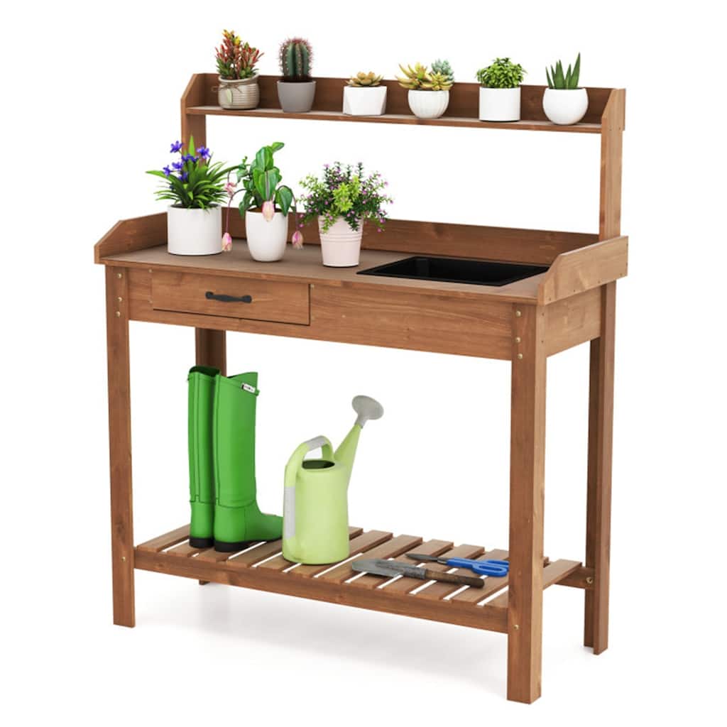 Wooden Garden Potting Bench Table with Sink and Drawer Top Shelf and Bottom Storage for Backyard - 45" x 18" x 50"