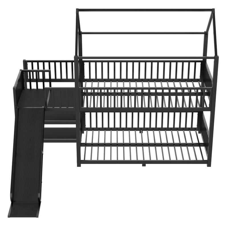 Full/Twin Metal House Bunk Bed with Storage Stairs & Slide