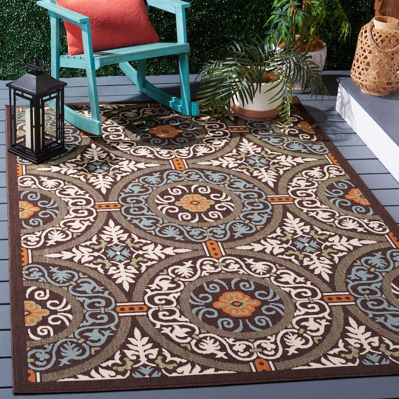 SAFAVIEH Veranda Torunn Indoor/ Outdoor Waterproof Patio Backyard Rug - 5'3" Square - Chocolate/Aqua