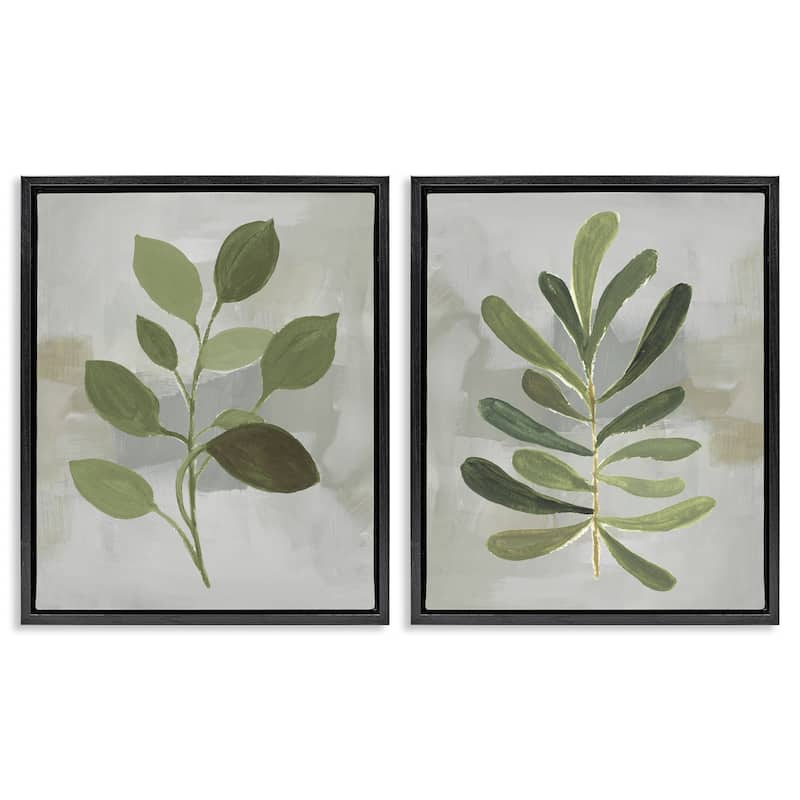 Stupell Green Leaf Branches on Grey Framed Floater Canvas Wall Art Design By Lanie Loreth (Set of 2) - 17 x 21 - Black