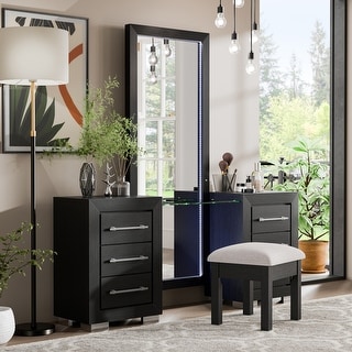 Furniture of America Alaric Modern Black Solid Wood 6-Drawer Vanity Set with LED and Power Outlet