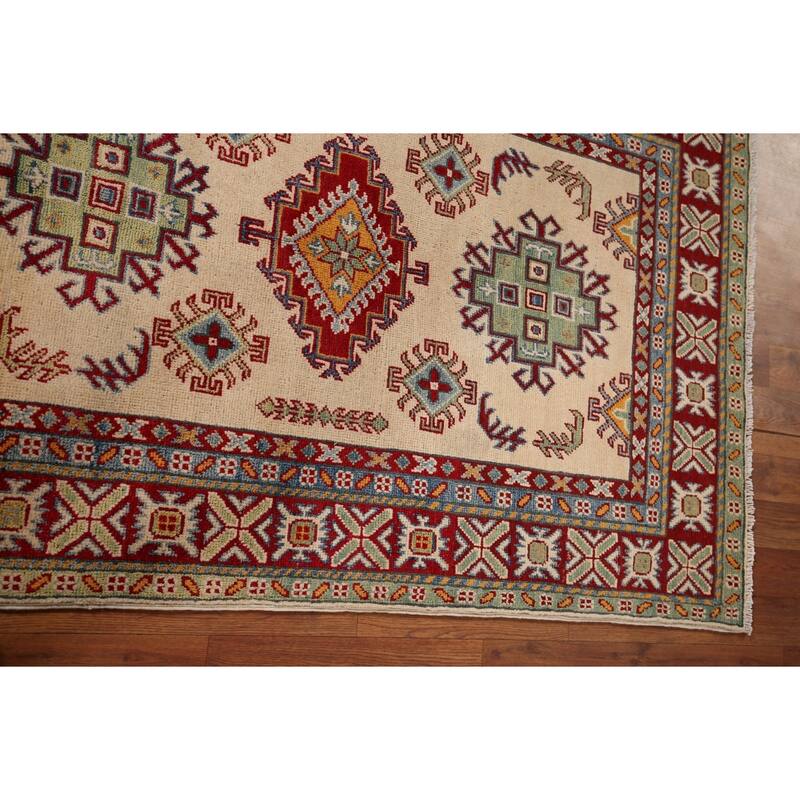 Geometric Beige Kazak Accent Rug Hand-Knotted Wool Carpet - 3'3" x 5'1"