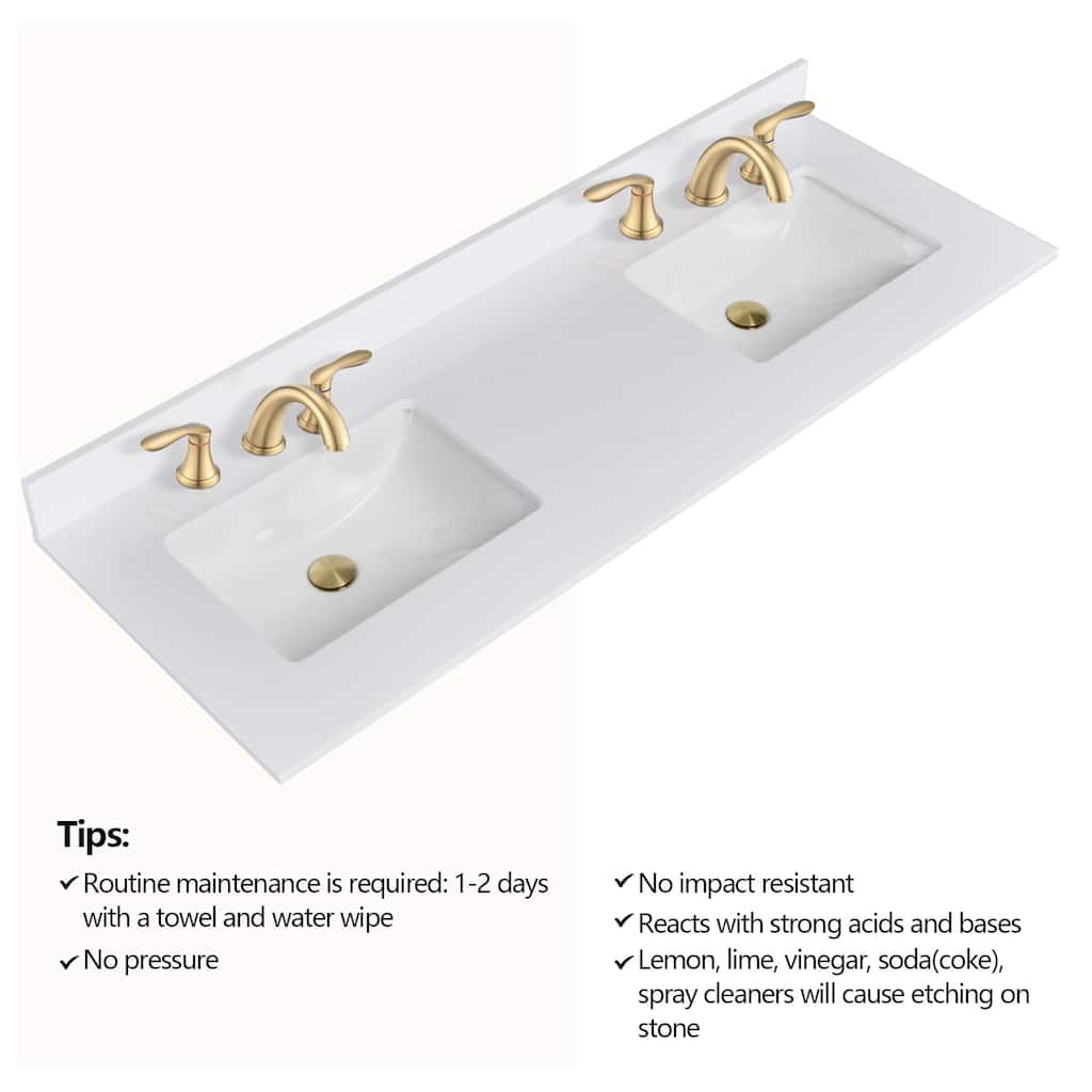 PROOX 60 inch Culture Marble Bath Solid White Vanity top with Double Rectangular Sink