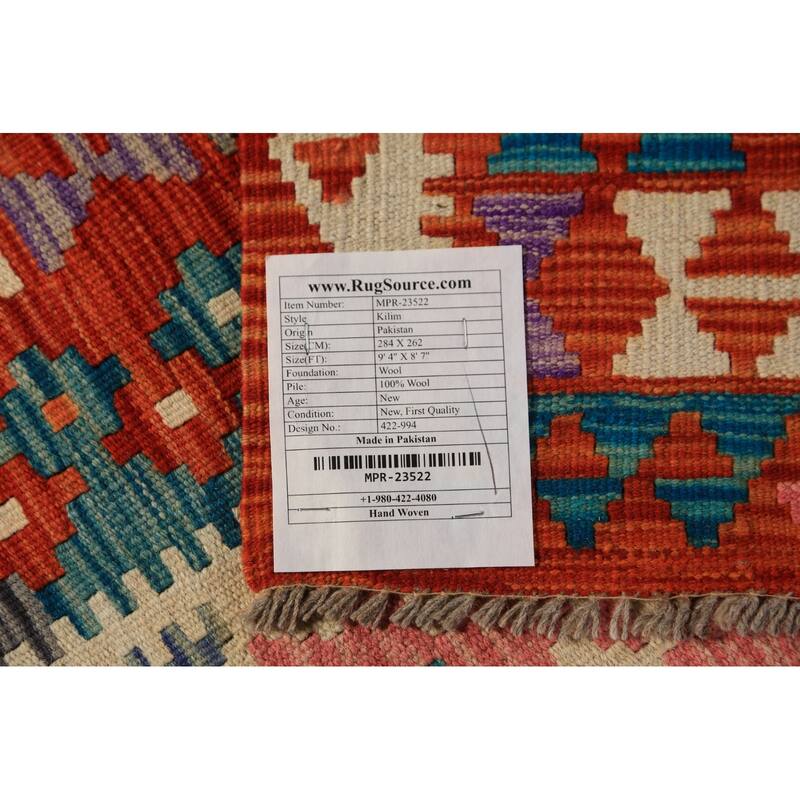 All-Over Geometric Kilim Oriental Area Rug Flatweave Wool Carpet - 8'7"x 9'4"
