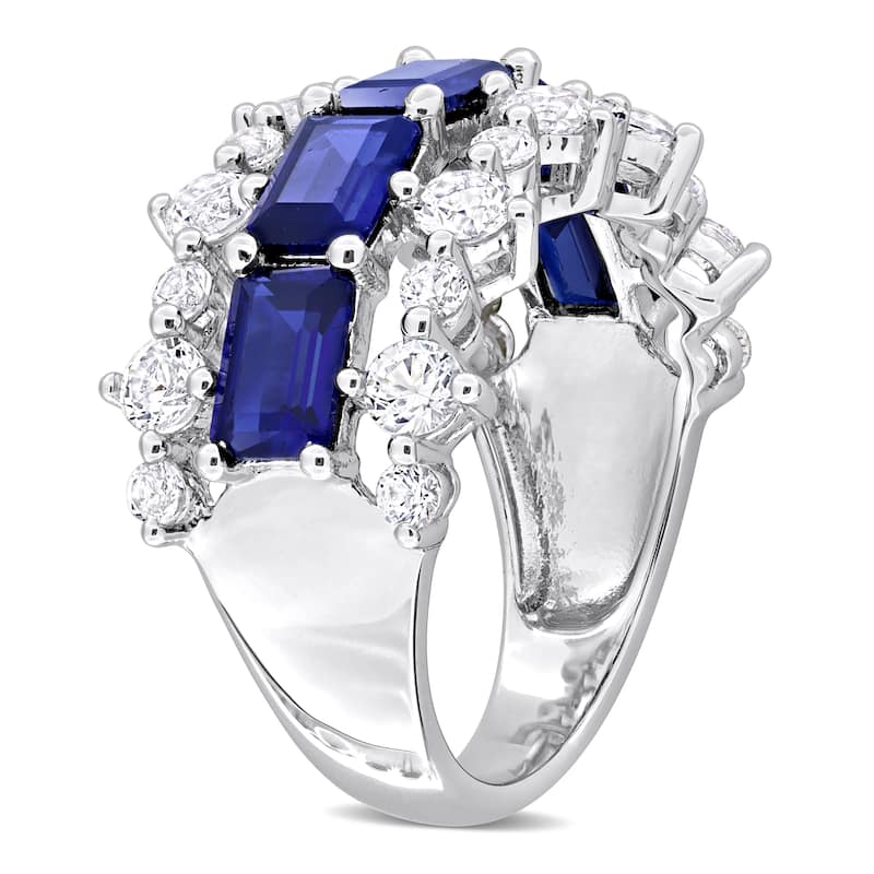Miadora 6 4/5ct TGW Created Blue Sapphire and Created White Sapphire Three Row Ring in Sterling Silver