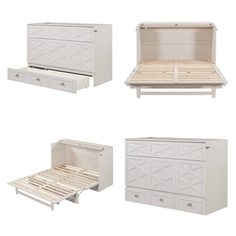 Queen Size Wood Murphy Bed with Drawer,USB Ports ,Three-Prong Outlets