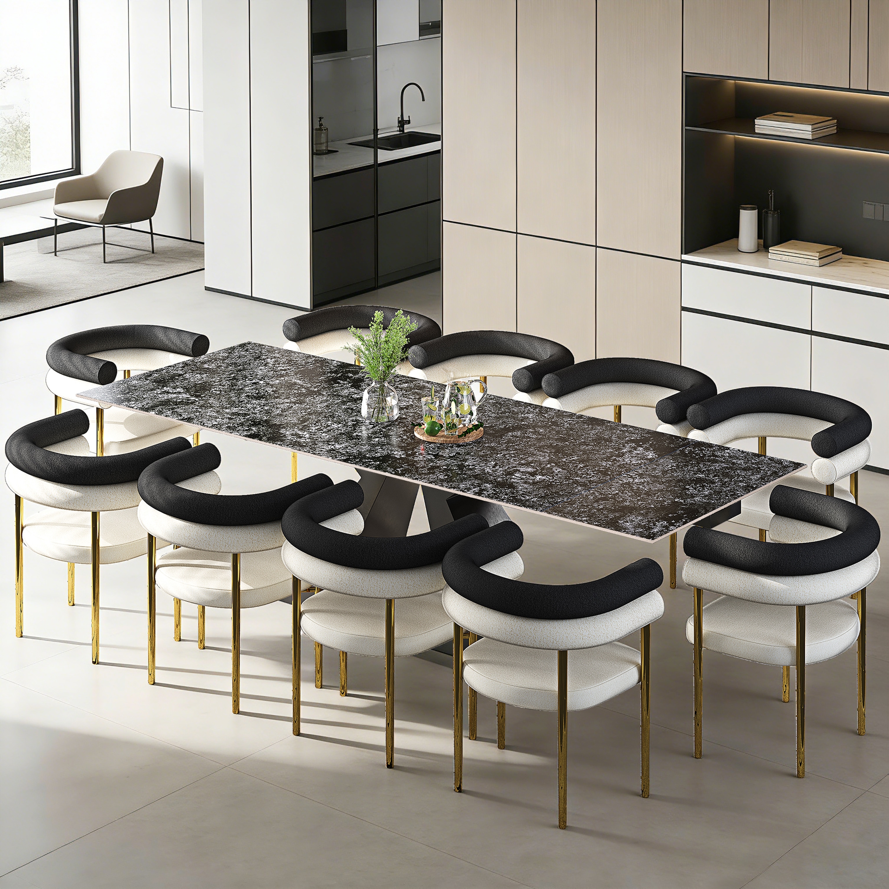 Unique Color Extendable Rectangular Sintered Stone Double Pedestal Dining Table Seat For 8-12 - 110.24''