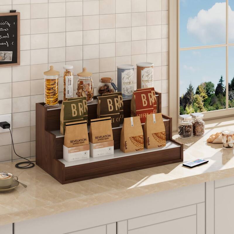 EROMMY LED Lighted Wine & Liquor Display Shelf with Remote, 3-Tier Tabletop Bar Rack, USB Powered