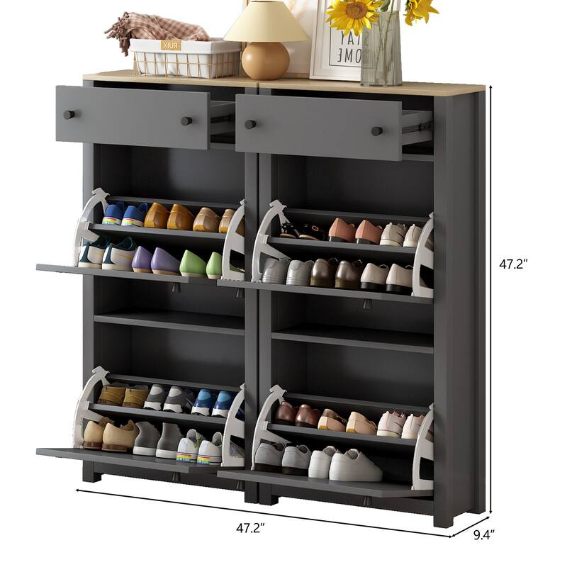 Slim Tipping Shoe Cabinet Set with 4 Drawers, Wood Top Shoe Storage Organizer w/ Adjustable Panel, Shoe Rack for Hallway