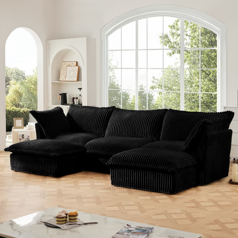 Slipcovered U-Shape 3-Seater Corduroy Sectional Deep Seat Sofa Couch