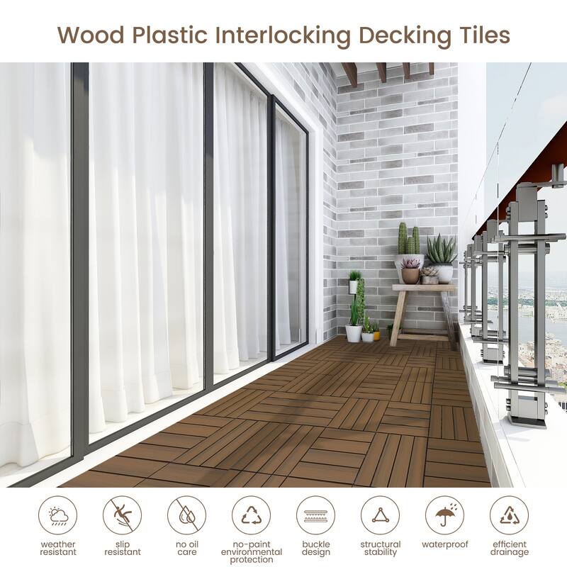 18 Pack Solid Wood Deck Flooring, Wood Interlocking Deck Tiles, 12 x 12 Inch Co-Extruded Interlocking Deck Tiles