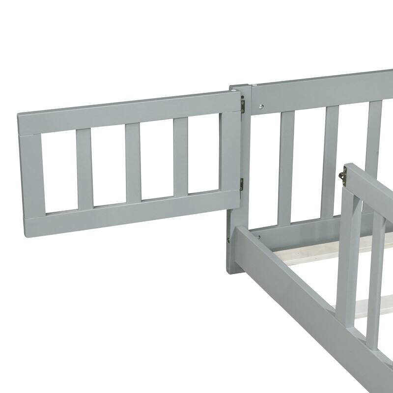 Roomfitters Twin/Full/Queen Rubber Wood Floor Bed with Fence and Swing Door, Safety Guardrails, Low Profile Design