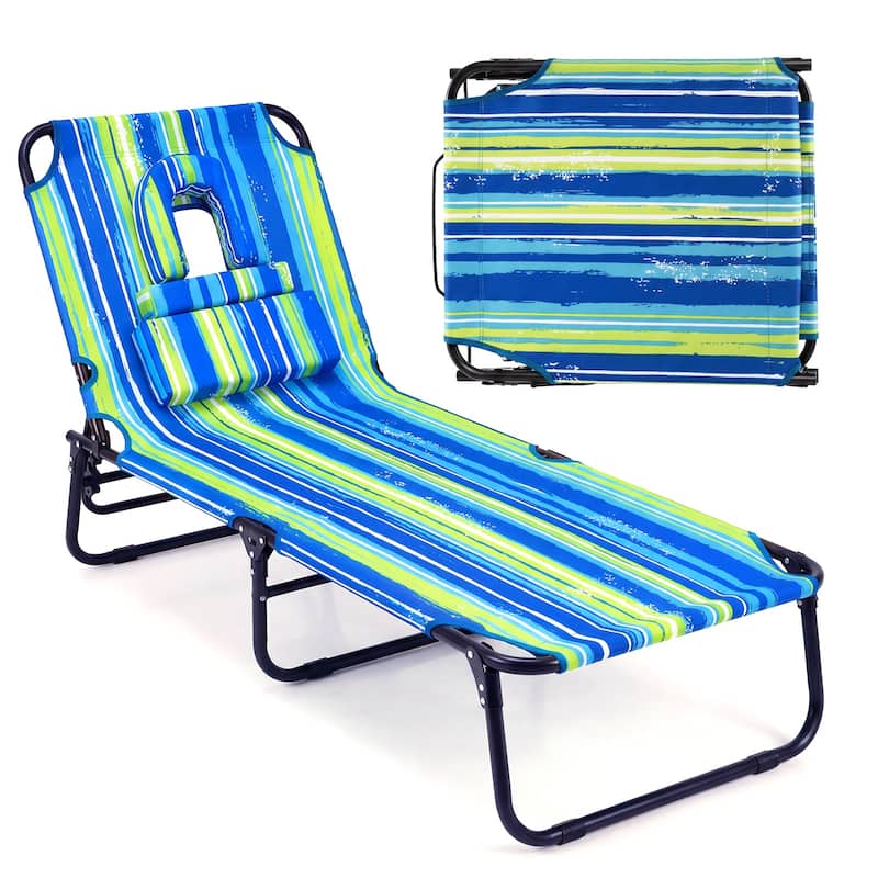 Gymax 2PCS Folding Beach Sun Lounger w/Face Hole Removable Pillows