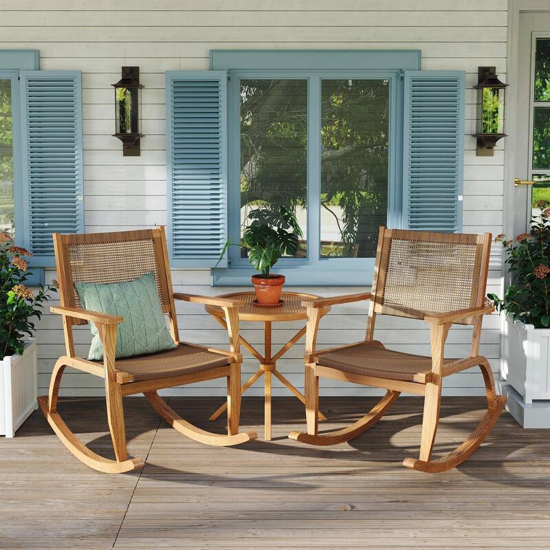 Outdoor Rocking Chair Set - 2 Acacia Wood Rockers with Wicker Rattan Seat & Backrest