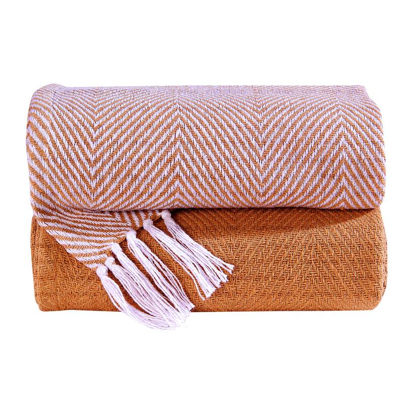 Rustic Farmhouse Cotton Chevron Blanket Throws - Set of 2 with Fringe 50X60 Inches - 50''x60'' - Orange