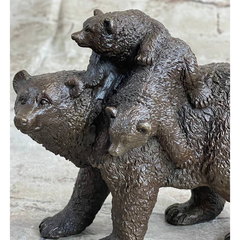 Young Cubs On Back Mother Bear 100 Percent Solid Bronze Statue Sculpture Figurine