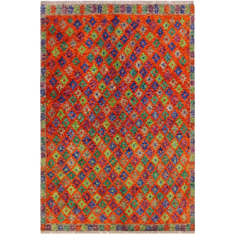 Boho Chic Balochi Conley Orange/Green Hand Knotted Wool Rug - 4'8'' x 6'4''