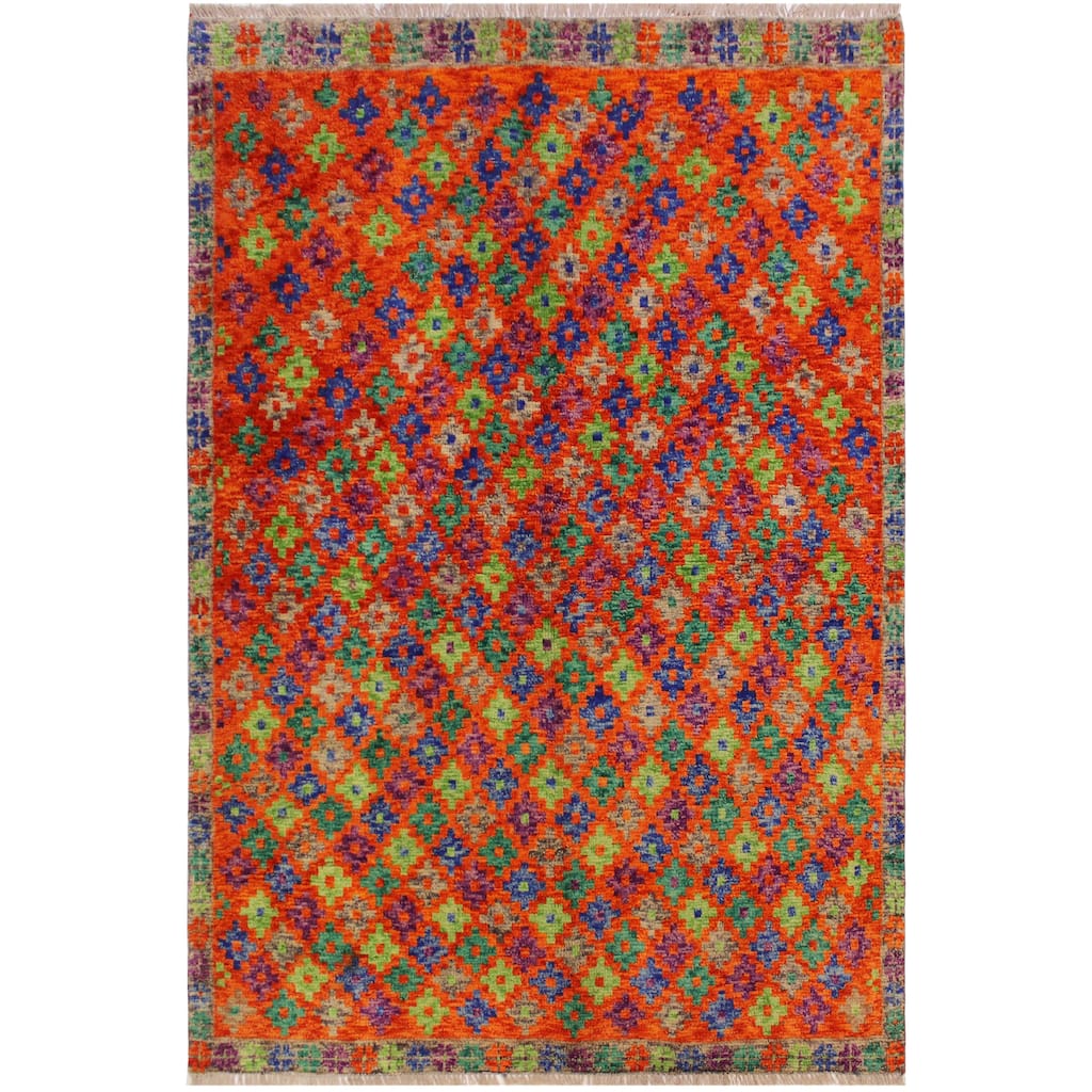 Boho Chic Balochi Conley Orange/Green Hand Knotted Wool Rug - 4'8'' x 6'4''