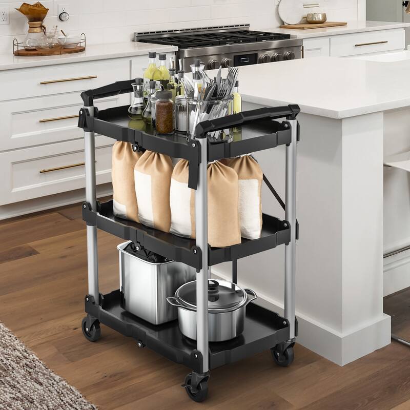 3 Tier Portable Kitchen Cart with Swivel Wheels - Black