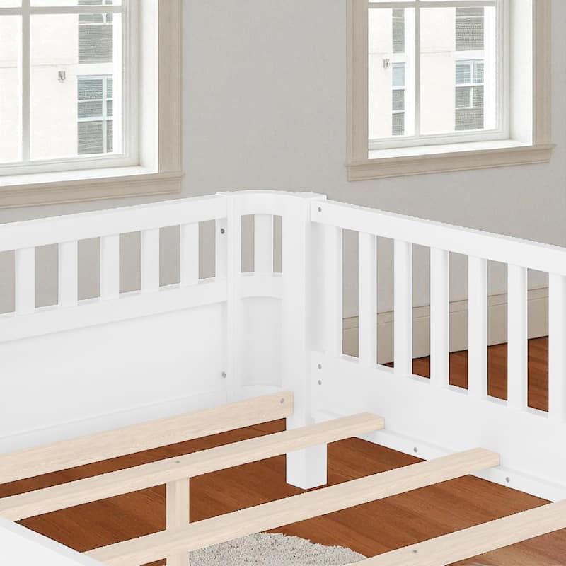 Wood Platform Bed with Guardrails & Detachable Fence, Twin/Full/Twin XL/Queen Size Kids Bed, Safety Design, No Box Spring