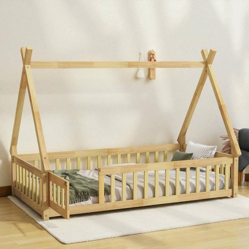 Twin Size Rubber Wood Teepee Floor Bed with Guardrails, Slats and Door for Kids Bedroom