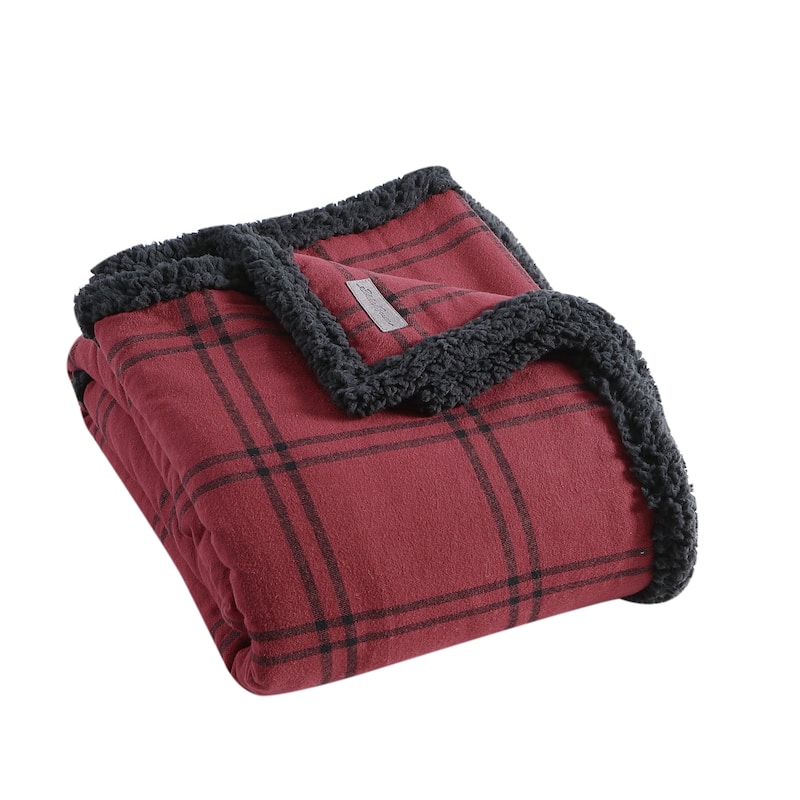 Eddie Bauer Cotton Flannel/Shearling Reverse Throw Blanket - Kettle Falls Red