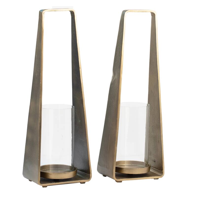 Pyra Large Antique Brass Finished Cast Aluminum and Glass Modern Lanterns, Set of 2