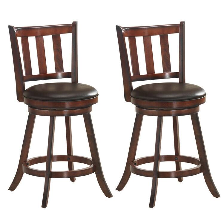2 Pieces 360 Degree Swivel Wooden Counter Height Bar Stool Set with Cushioned Seat - 25 Inch