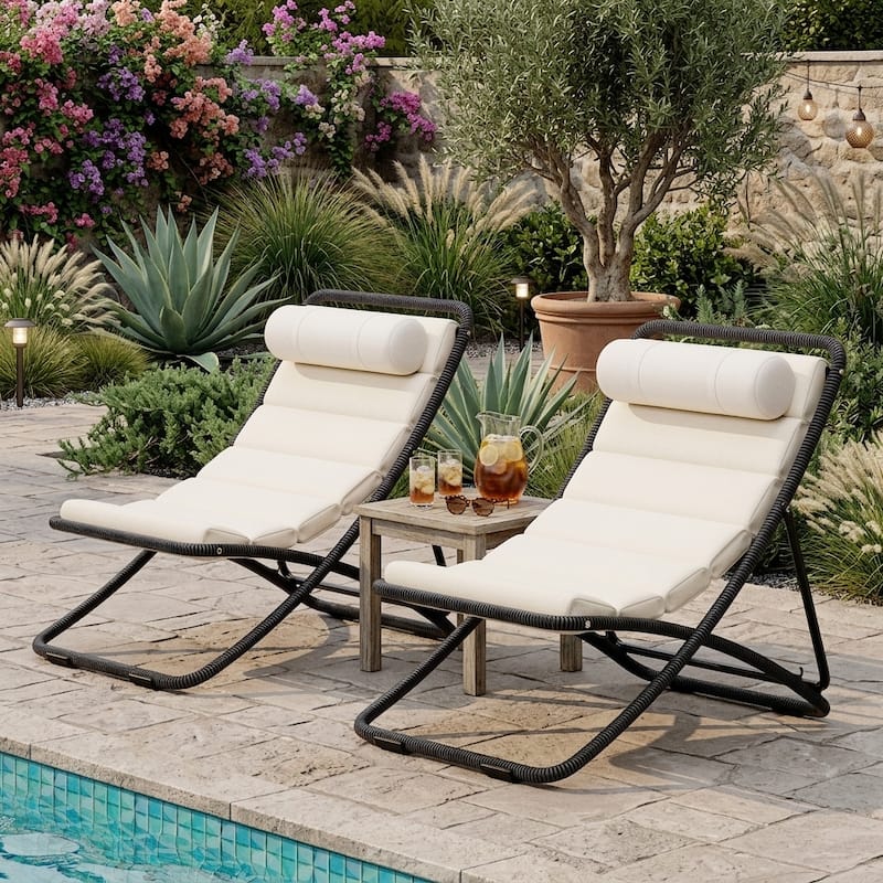 2-Piece Rattan-Wrapped Metal Frame Folding Outdoor Lounge Chair Set by Leisure Zone