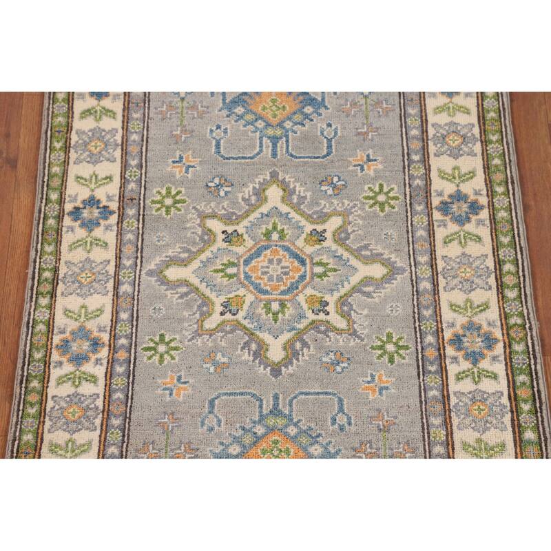 Gray Geometric Kazak Oriental Accent Rug Handmade Foyer Wool Carpet - 2'8" x 4'1"