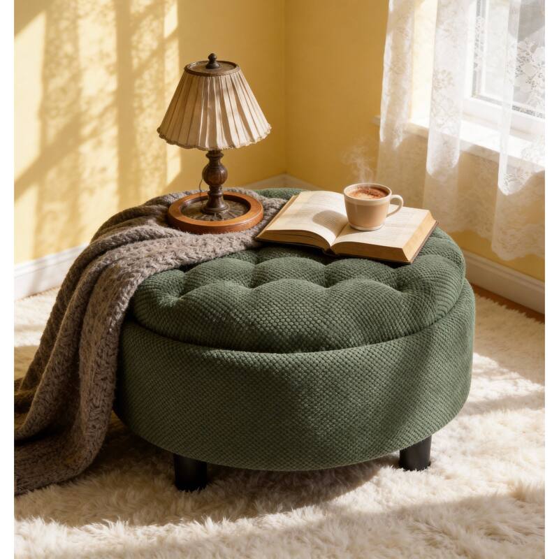 Round Storage Ottoman with Lift-Off Tray and Upholstered Fabric