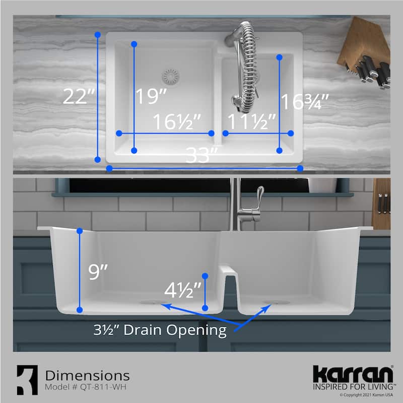 Karran 33" Top Mount Large/Small Bowl Quartz Kitchen Sink Kit - 33" x 22" x 9"