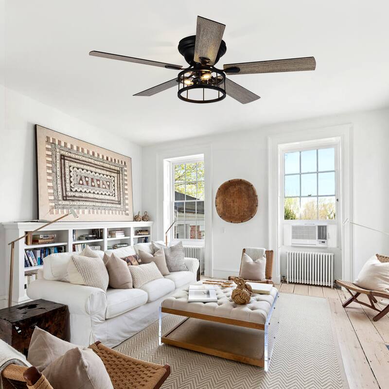 52" Flush Mount Ceiling Fan with Light Remote Control, 5 Blade - 52 Inch