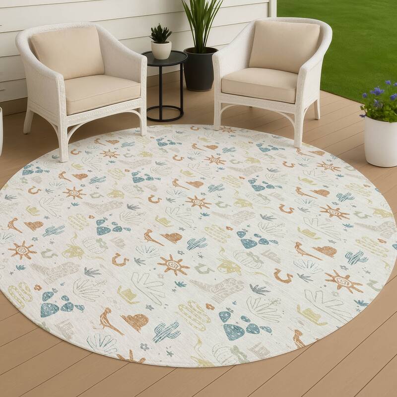 Machine Washable Indoor/ Outdoor Cowboy Ranch Chantille Rug - Ivory - 8' x 8'
