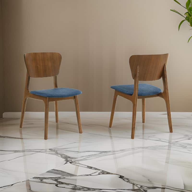 Kalie 24 Inch Dining Chair Set of 2, Padded Seat, Blue Fabric, Walnut Brown