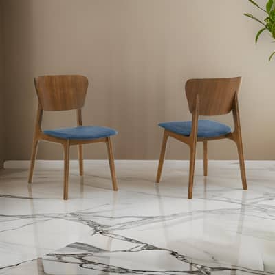 Kalie 24 Inch Dining Chair Set of 2, Padded Seat, Blue Fabric, Walnut Brown