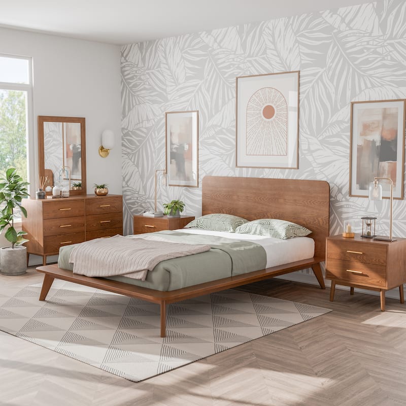 Furniture of America Beau Midcentury 5-Piece Walnut Low Profile Queen Bedroom Set - Walnut