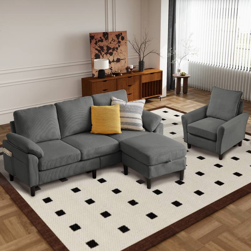 3 Pieces Corduroy Living Room Set with Sectional Sofa, Storage Ottoman and Chair