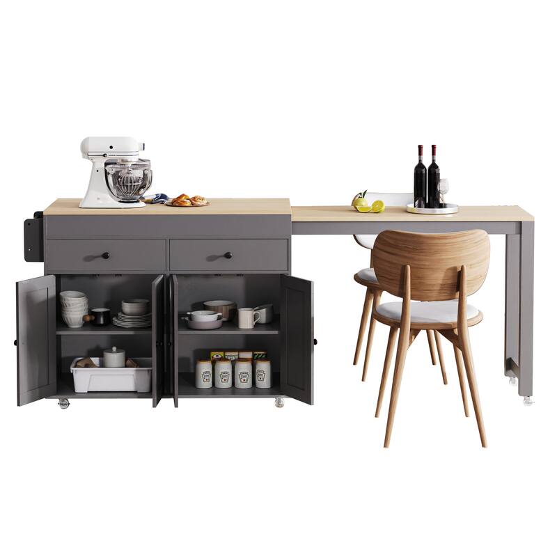 Kitchen Island with Extendable Dining Table, Rolling Island Cart on Locking Wheels, Breakfast Bar with 2 Drawers & 4 Door