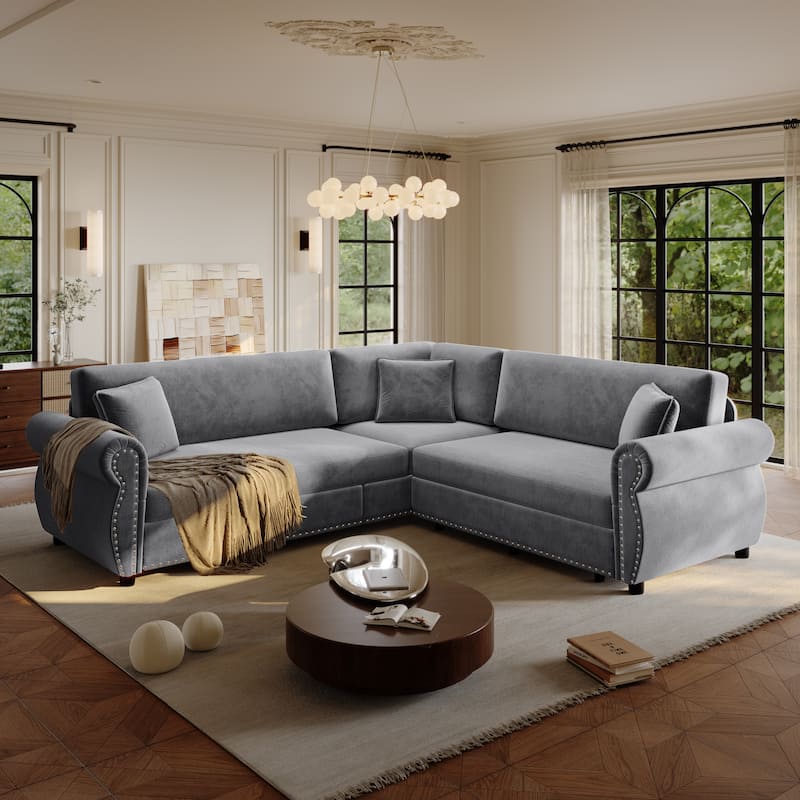 88.2" L-Shaped Sleeper Sectional Sofa with Pull-Out Bed - Chenille Convertible Couch, Nailhead Trim, for Living Room