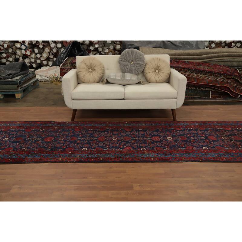 Hand Knotted Oriental 100% Wool Carpet Traditional Floral Navy Blue & Blues Malayer Runner Rug - 16' 3'' X 3' 8''