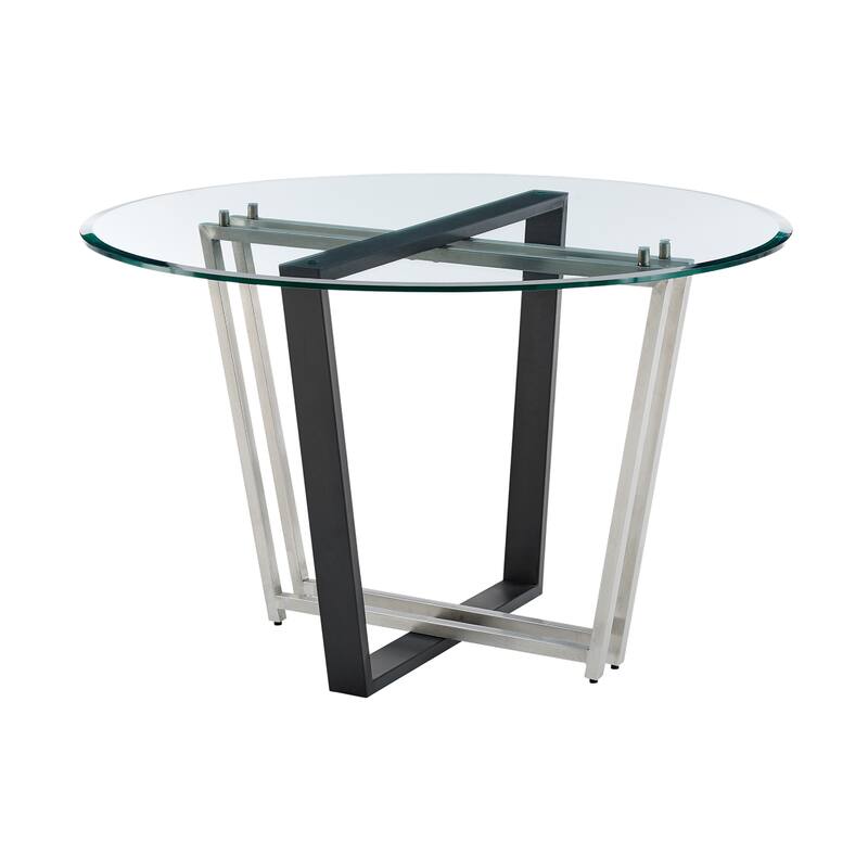 Sanaya Dining Table, 48 Inch Glass Top, Silver Steel, Black Iron - Black, Silver, Clear