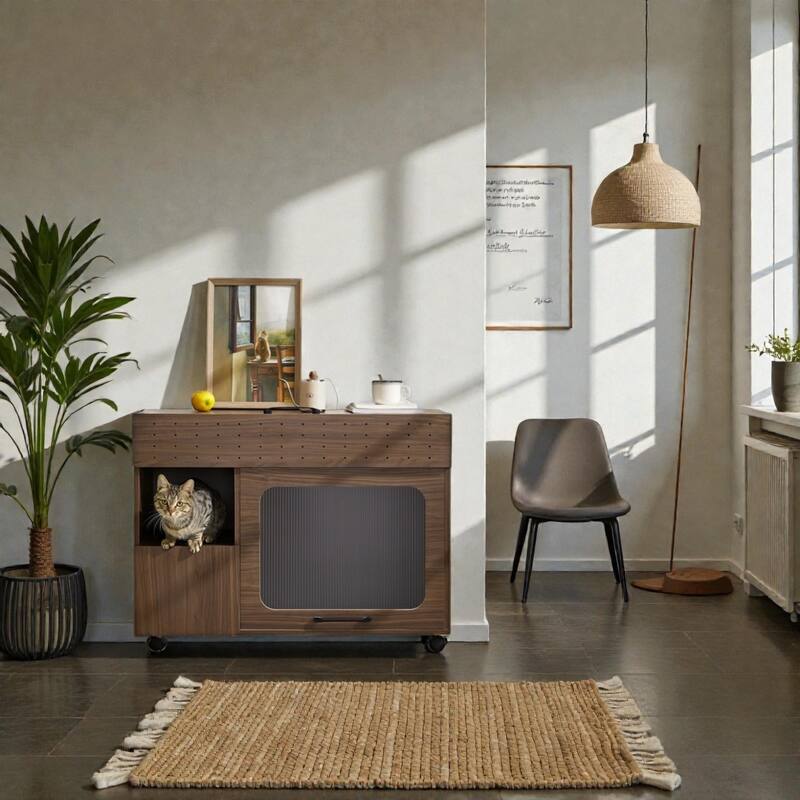 2-in-1 Cat Litter Box Enclosure Walnut Side Table, Modern Storage Cabinet with Hidden Litter Area & Wheels for Living Room