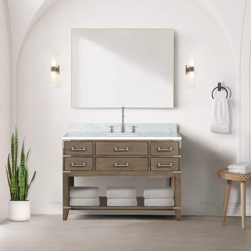 Lexora Norwalk Bath Vanity, Carrara Marble Top, and Mirror - 48 Inch - Grey Oak