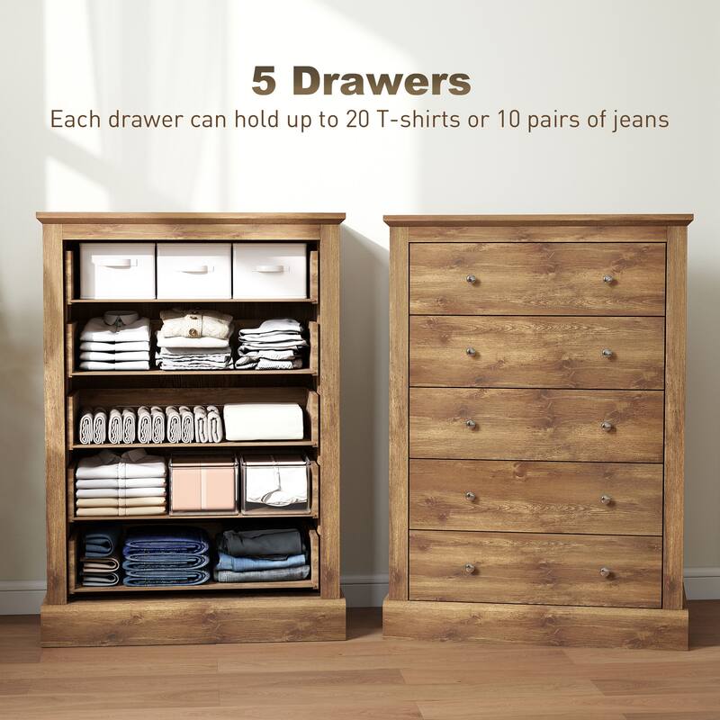 Classic Farmhouse 5-Drawer Dresser Particleboard & MDF Chest with Spacious Storage and Rustic Design